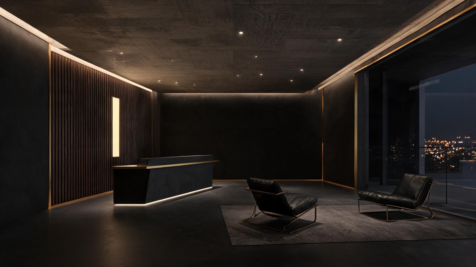Design rendering of the Fort Lee arrival lounge, matte black with gold detailing