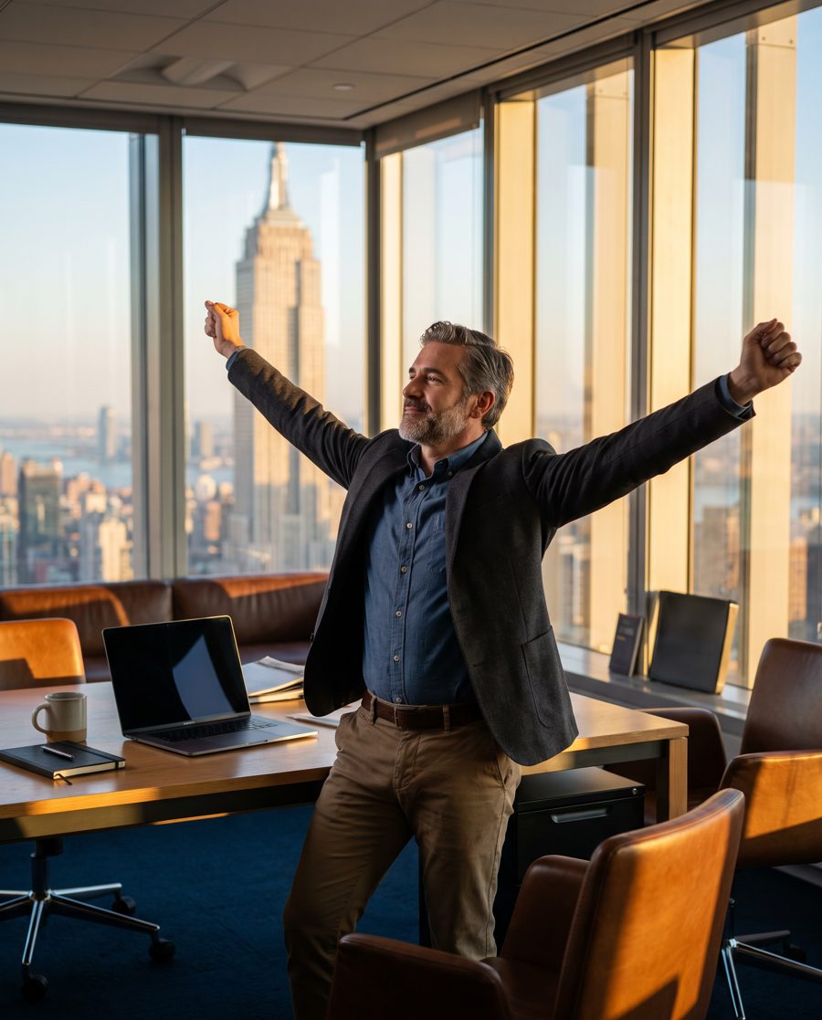 A man in an office stretching both arms overhead beside his desk, with city towers outside the window