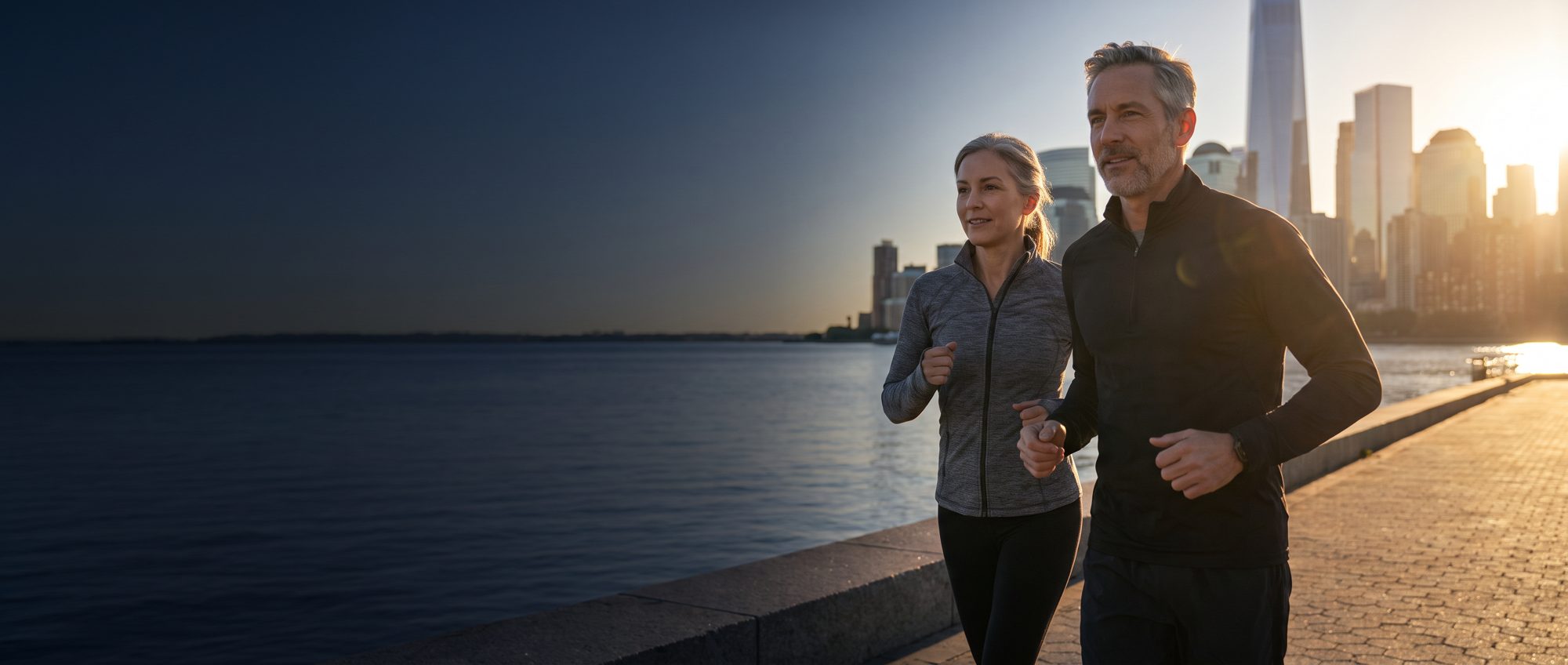 A gray-haired man and woman running side by side along a city waterfront at sunrise, with downtown towers behind them