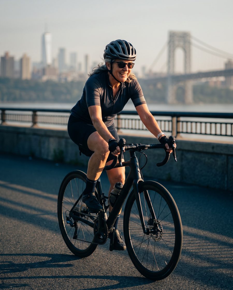A woman on a road bike riding a waterfront path, with a bridge and the city skyline behind her