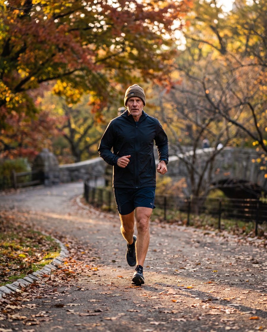 A gray-haired man running on a park path lined with autumn trees